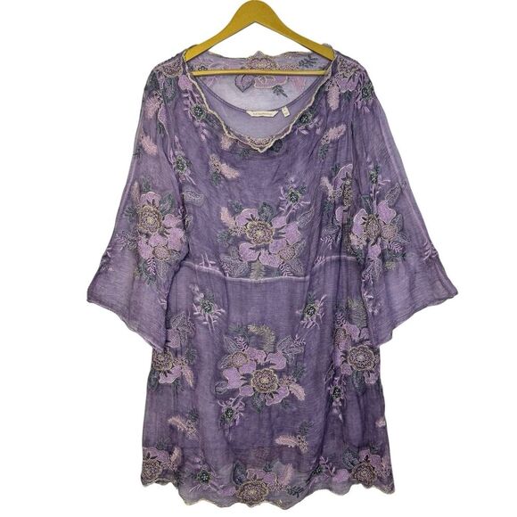 Soft Surroundings Floral Embroidered Silk Tunic XL Purple Fairy Whimsical Boho - Picture 1 of 9